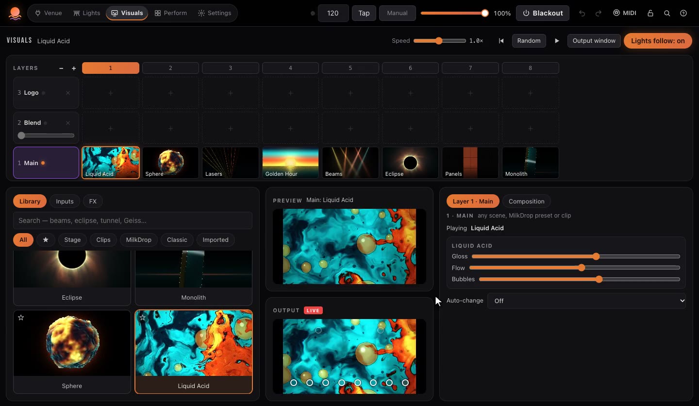 The Visuals tab: the Beams scene with the eight PARs' sample points, scene browser and FX controls